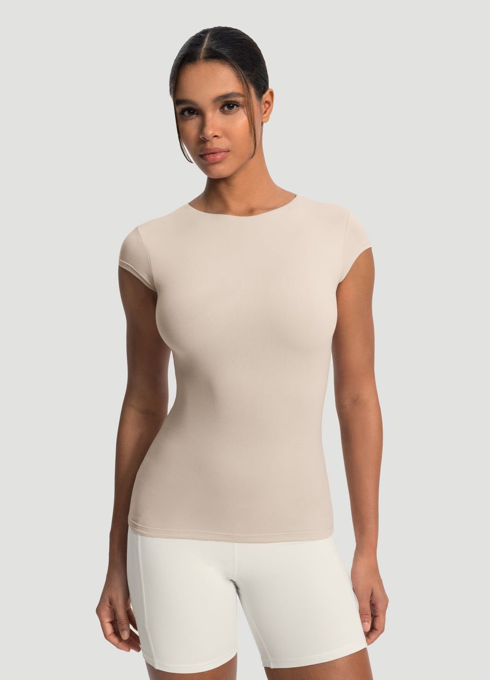 Essential Fitted Tee in Oat Milk, front view