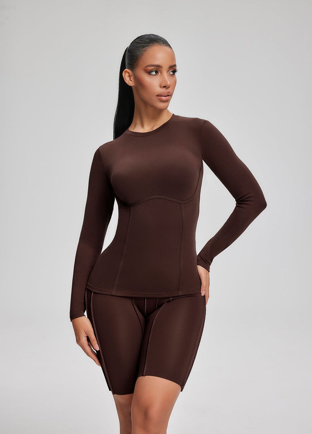 Everyday Long Sleeve Top in Chocolate, front view
