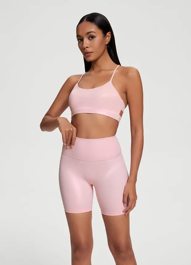 Faux Leather Bike Shorts in Ballet Pink, front view