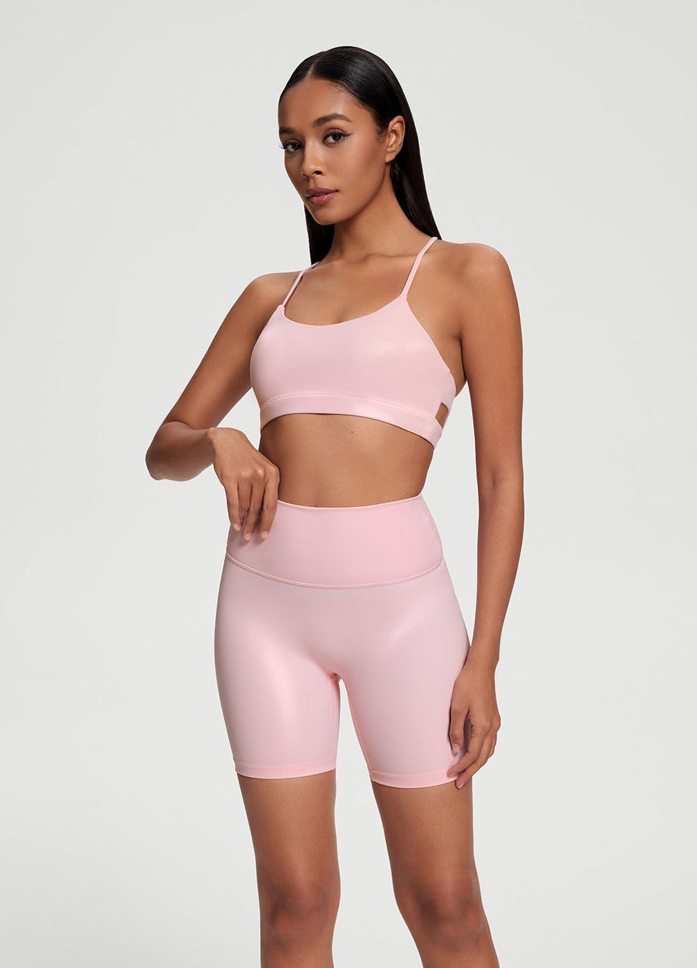 Faux Leather Bike Shorts in Ballet Pink, front view