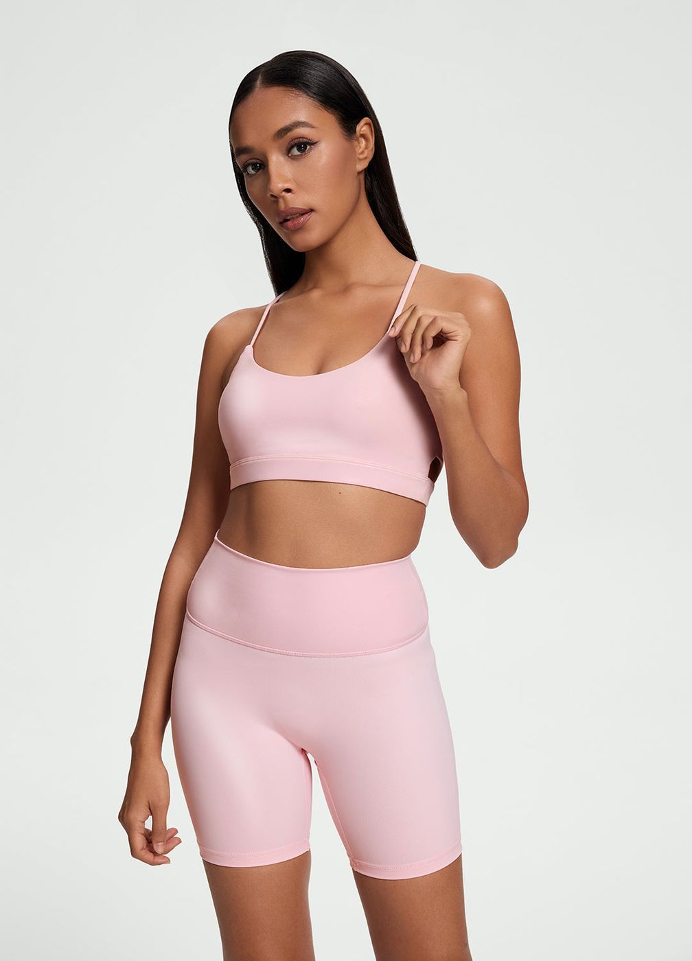 Faux Leather Crossback Top in Ballet Pink, front view