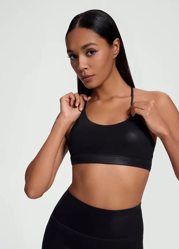 Faux Leather Crossback Top in Black, front view