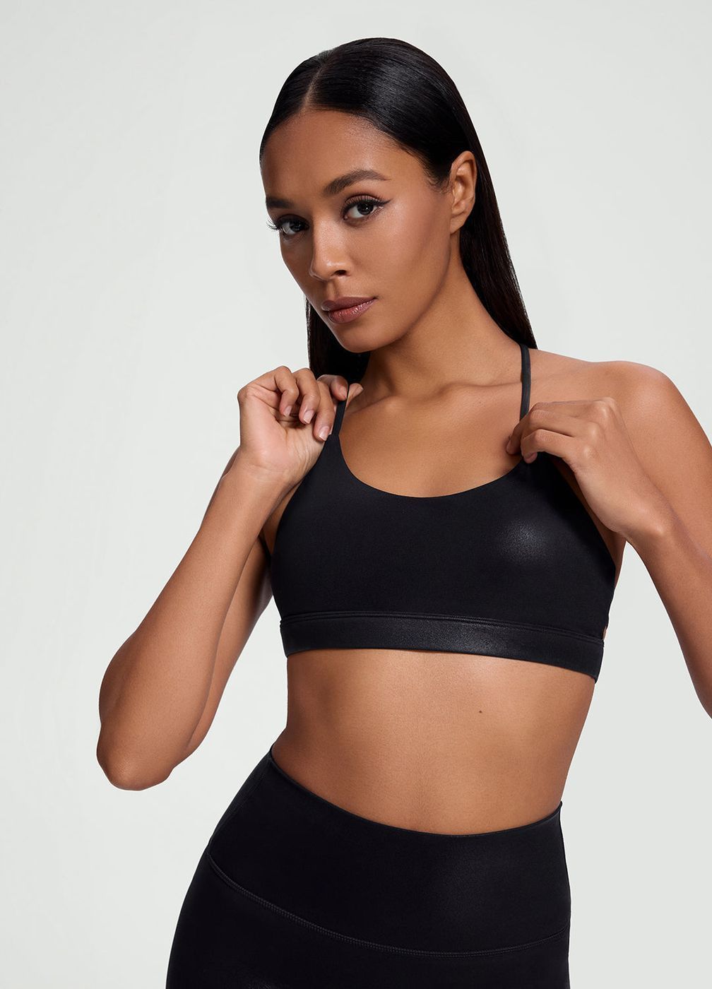 Faux Leather Crossback Top in Black, front view