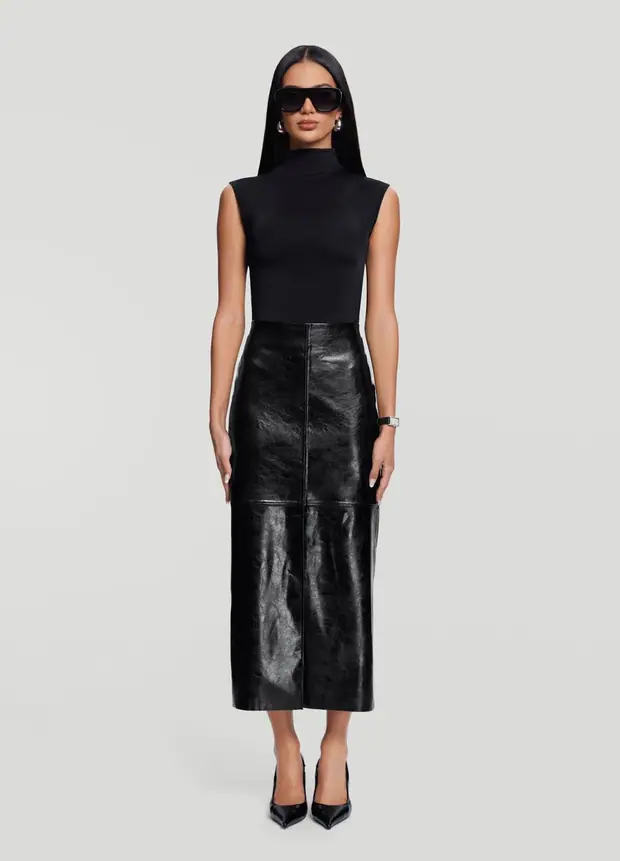 Faux Leather Pencil Maxi Skirt in Black, front view