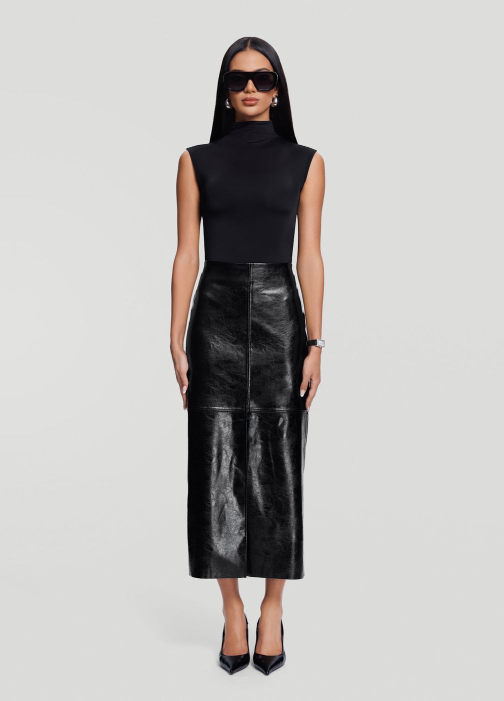 Faux Leather Pencil Maxi Skirt in Black, front view