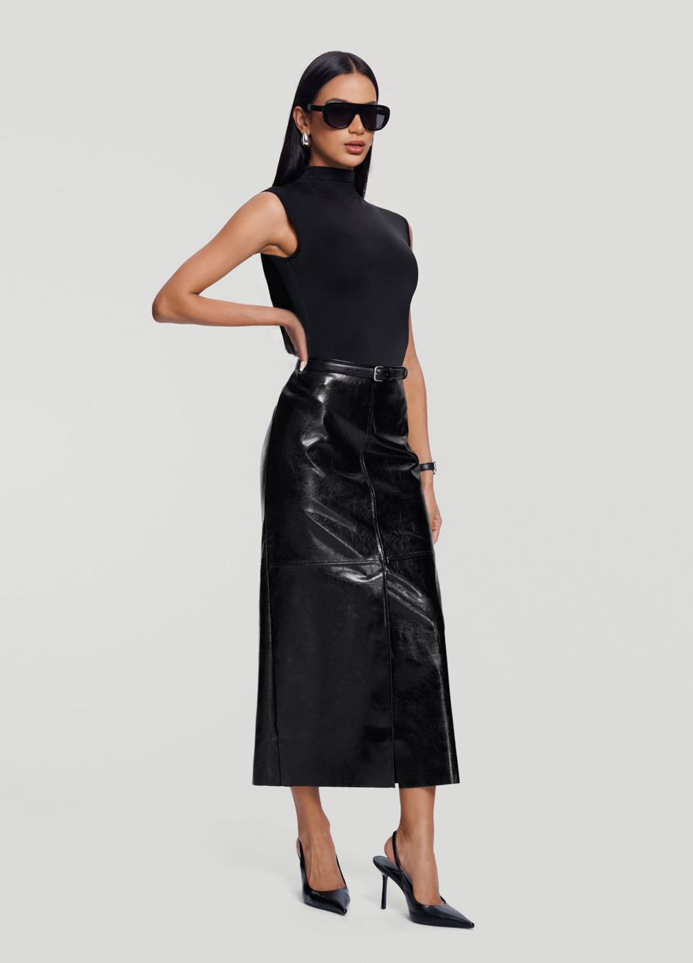 Faux Leather Pencil Maxi Skirt in Black, second view