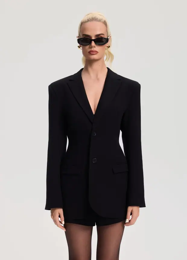Fitted Single-button Blazer in Black, front view