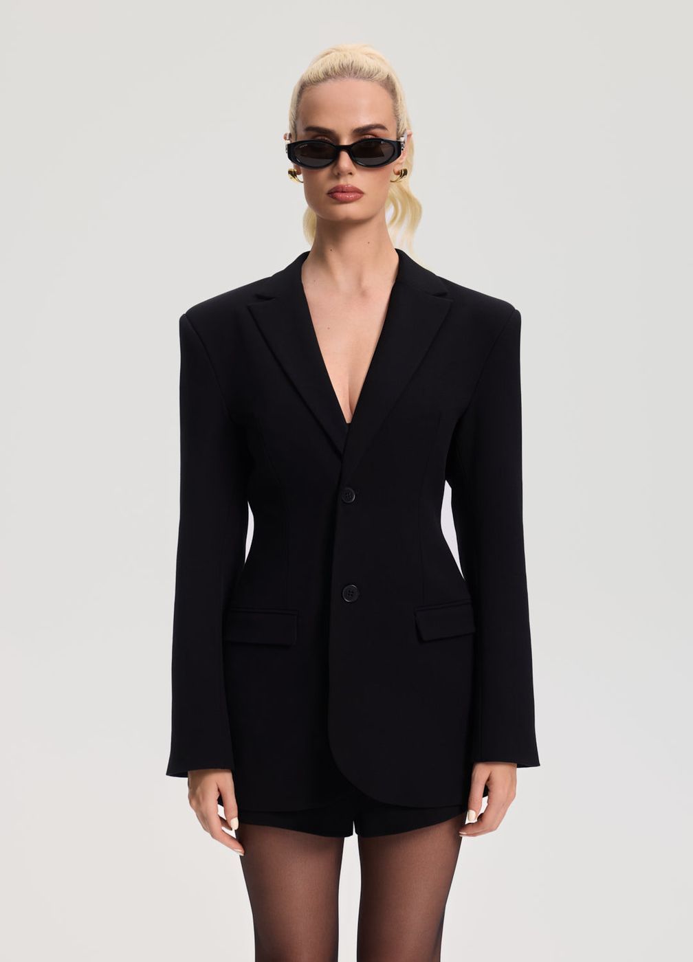 Fitted Single-button Blazer in Black, front view