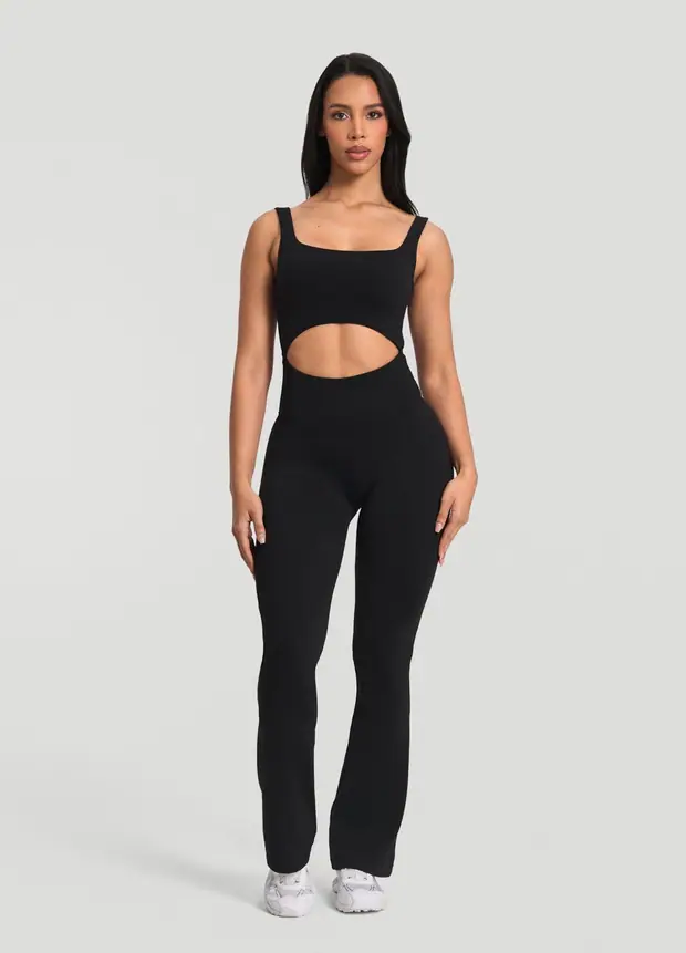 Flared Jumpsuit in Black, front view
