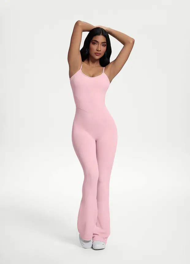 Flared Scrunch Jumpsuit in Ballet Pink, front view
