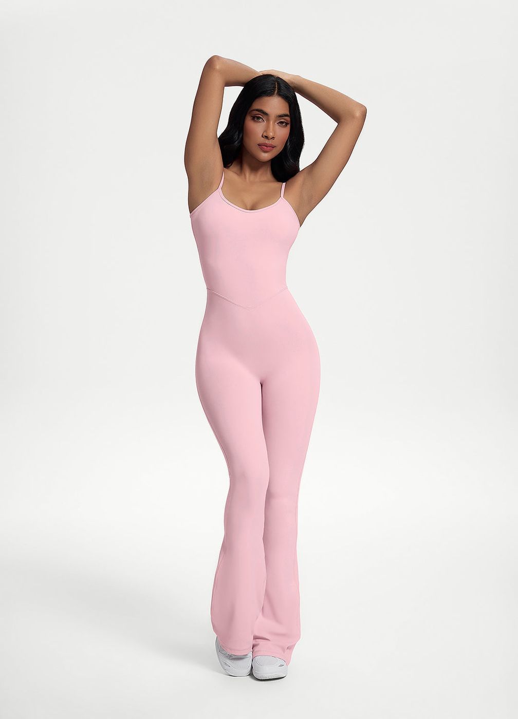 Flared Scrunch Jumpsuit in Ballet Pink, front view