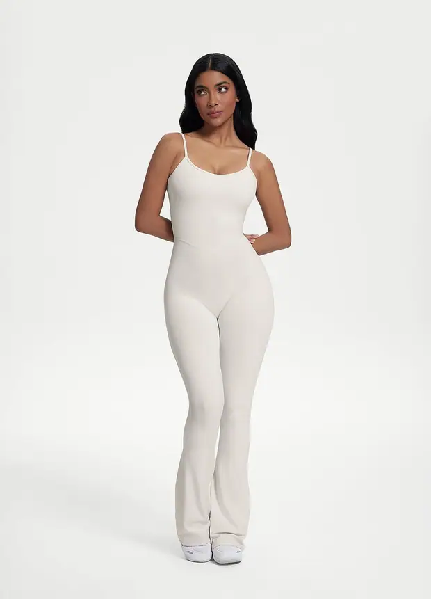 Flared Scrunch Jumpsuit in White, front view