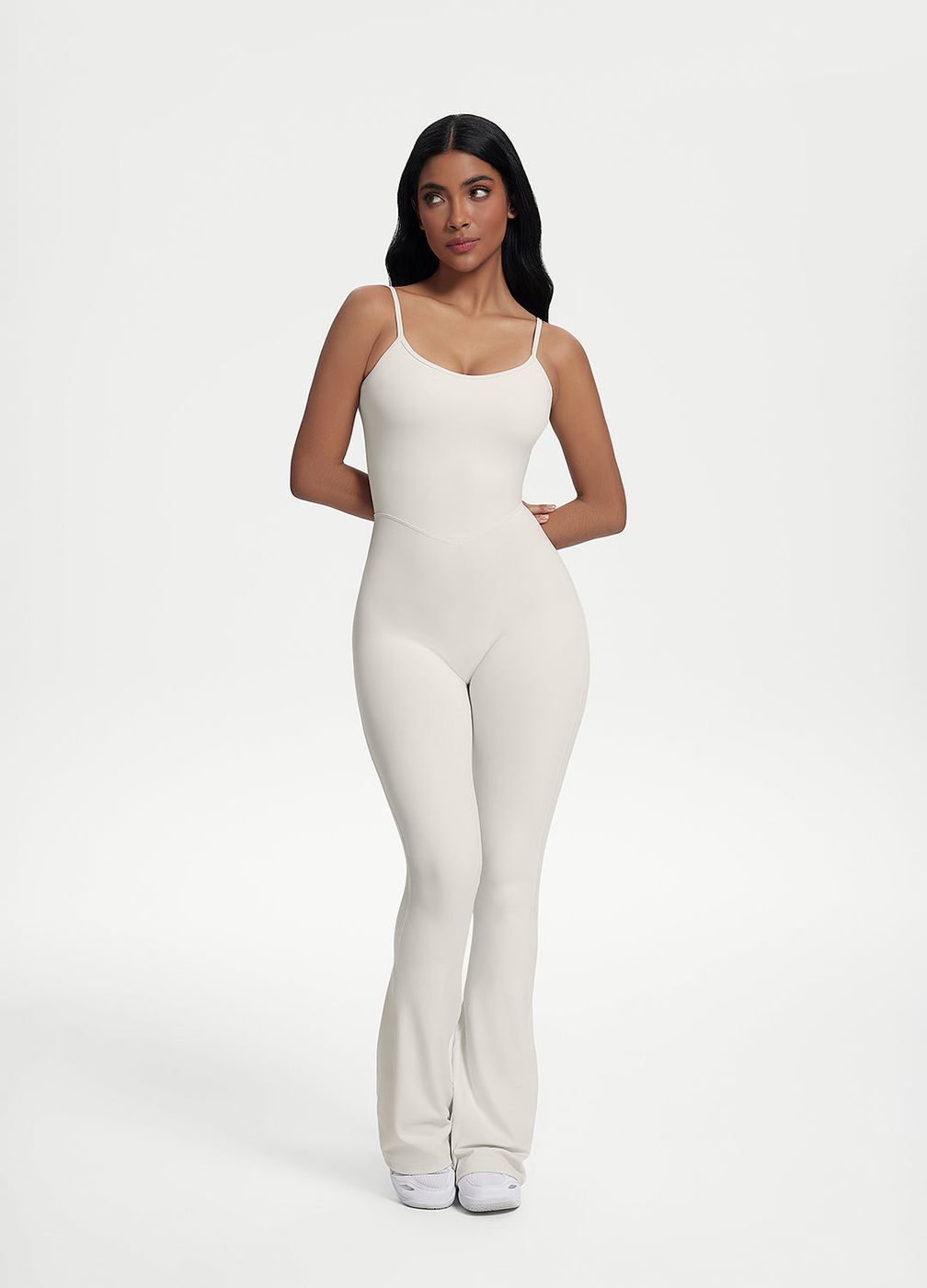 Flared Scrunch Jumpsuit in White, front view