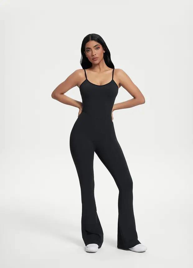 Flared Scrunch Jumpsuit in Black, front view