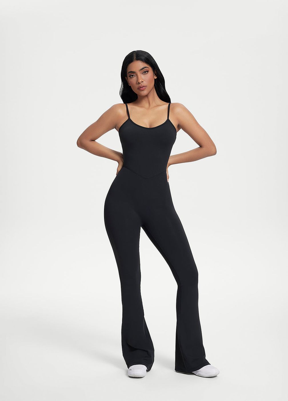 Flared Scrunch Jumpsuit in Black, front view