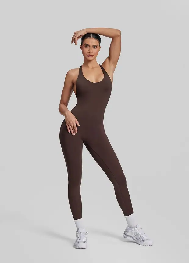 Full Length Crossback Bodysuit in Chocolate, front view