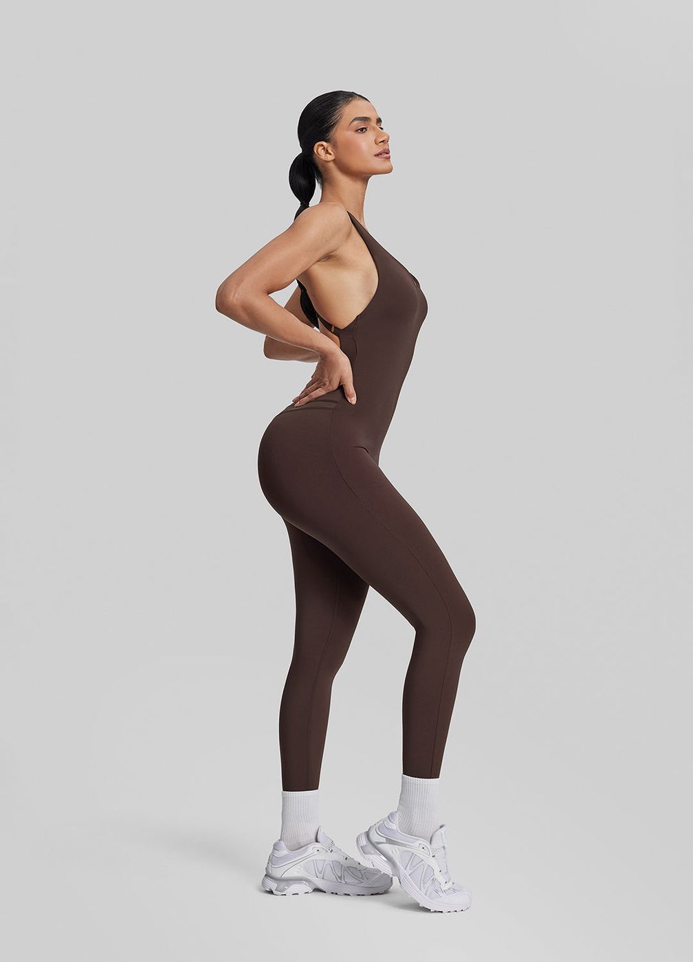 Full Length Crossback Bodysuit in Chocolate, second view