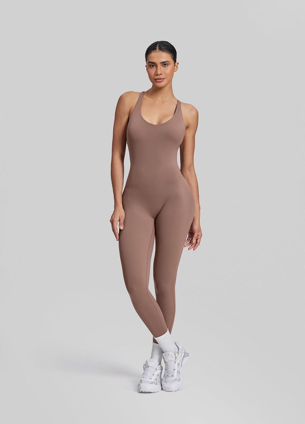 Full Length Crossback Bodysuit in Dusty Taupe, front view