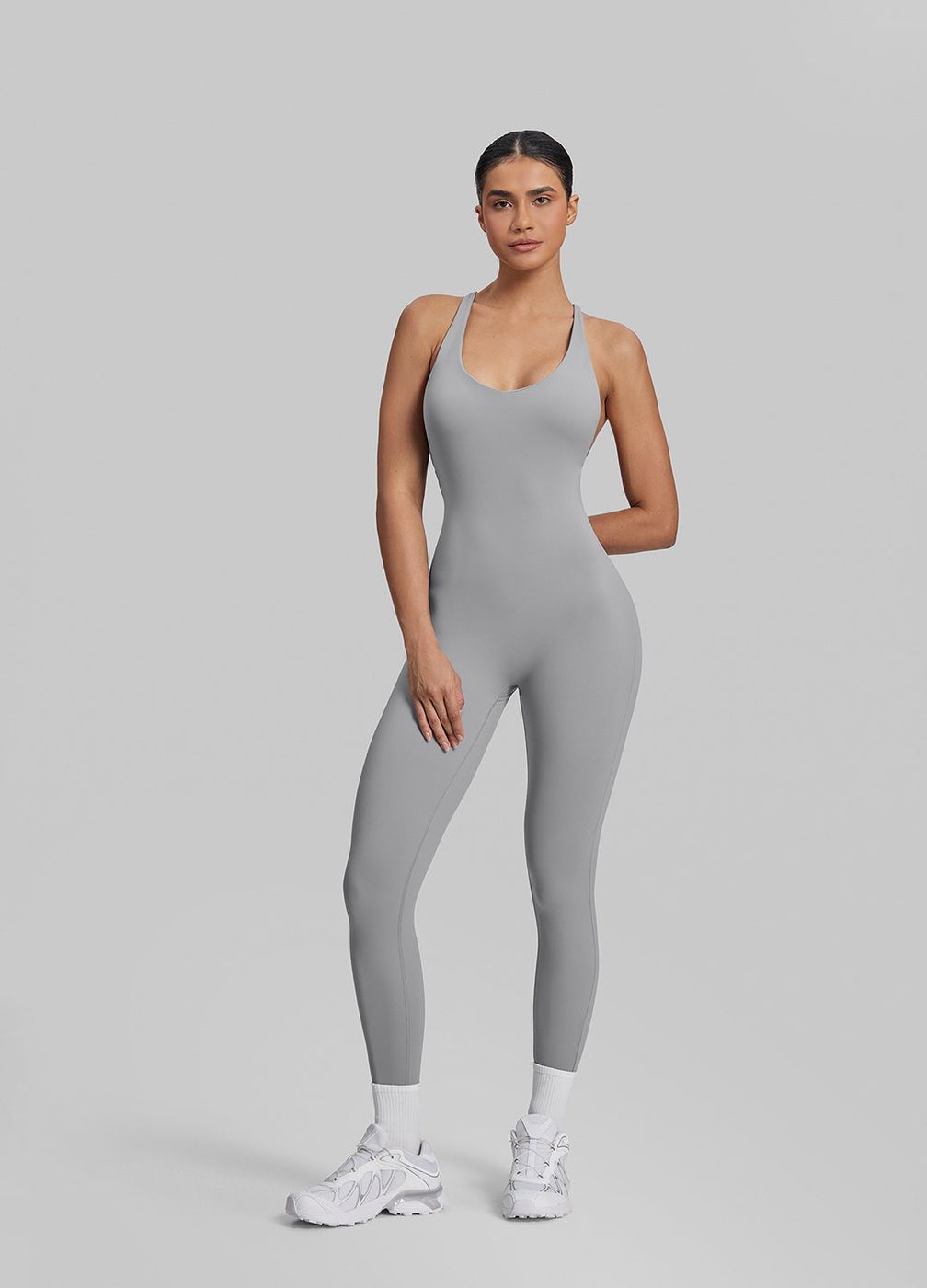 Full Length Crossback Bodysuit in Ash Grey, front view