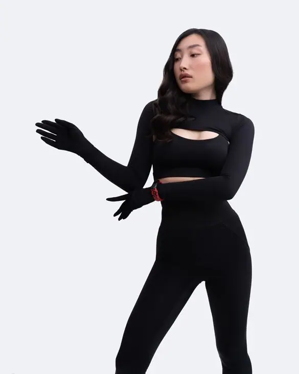 Glove Sleeve Crop Top in Black, front view