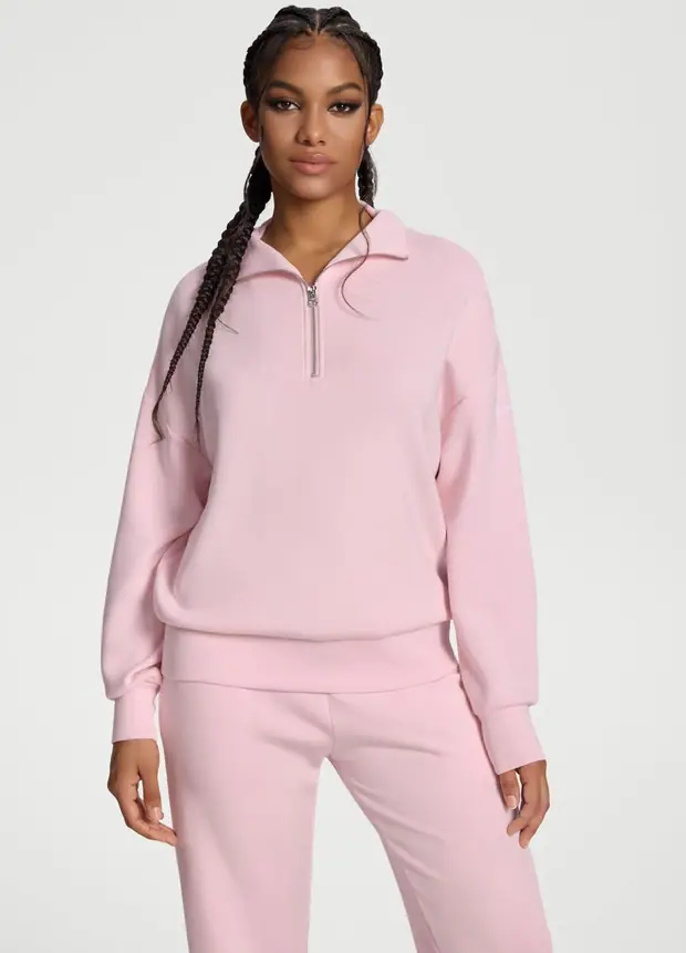 Half-zip Long Sleeve Sweatshirt in Ballet Pink, front view