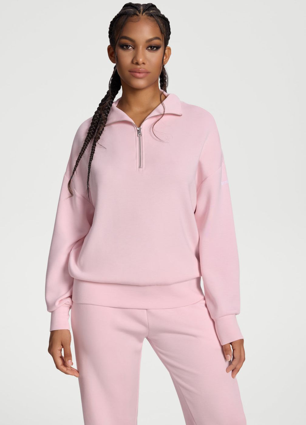 Half-zip Long Sleeve Sweatshirt in Ballet Pink, front view