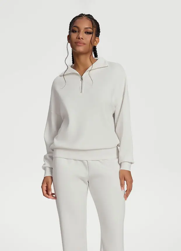 Half-zip Long Sleeve Sweatshirt in White, front view