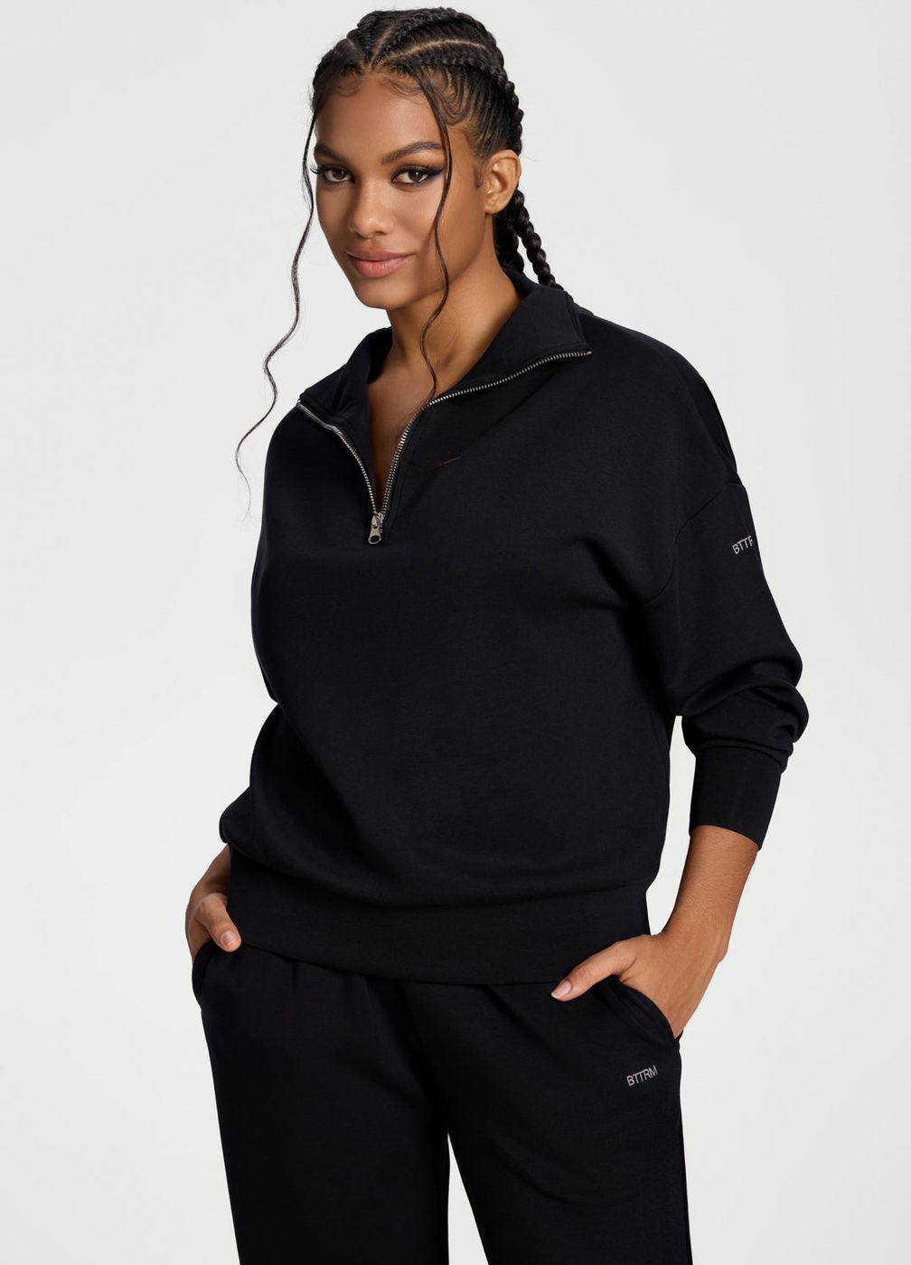 Half-zip Long Sleeve Sweatshirt in Black, front view