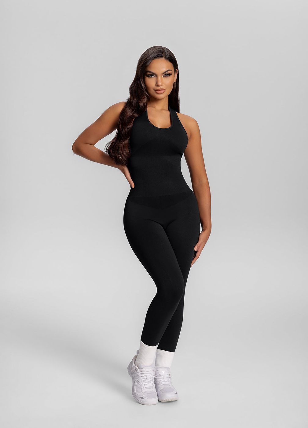 Halter Jumpsuit in Noir, front view
