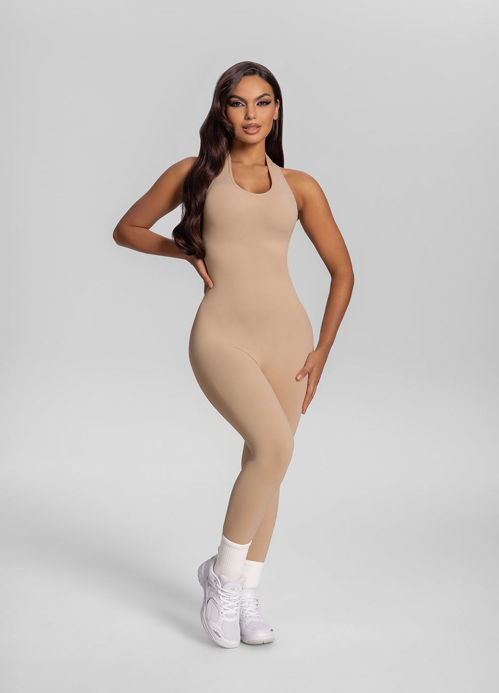 Halter Jumpsuit in Sand, front view