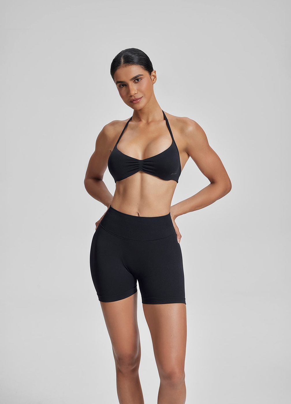 Halterneck Backless Strappy Functional in Black, front view