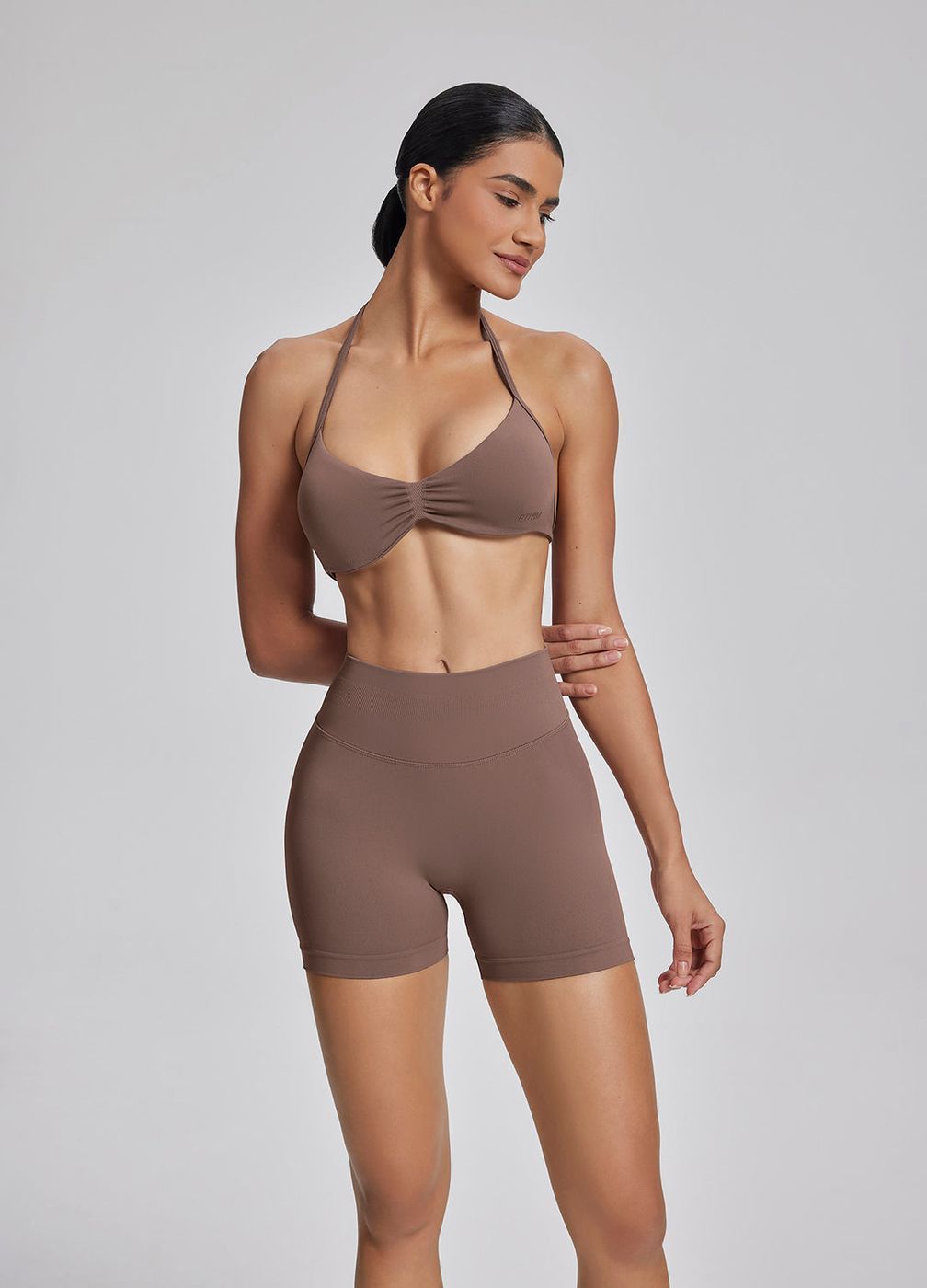 Halterneck Backless Strappy Functional in Dusty Taupe, front view