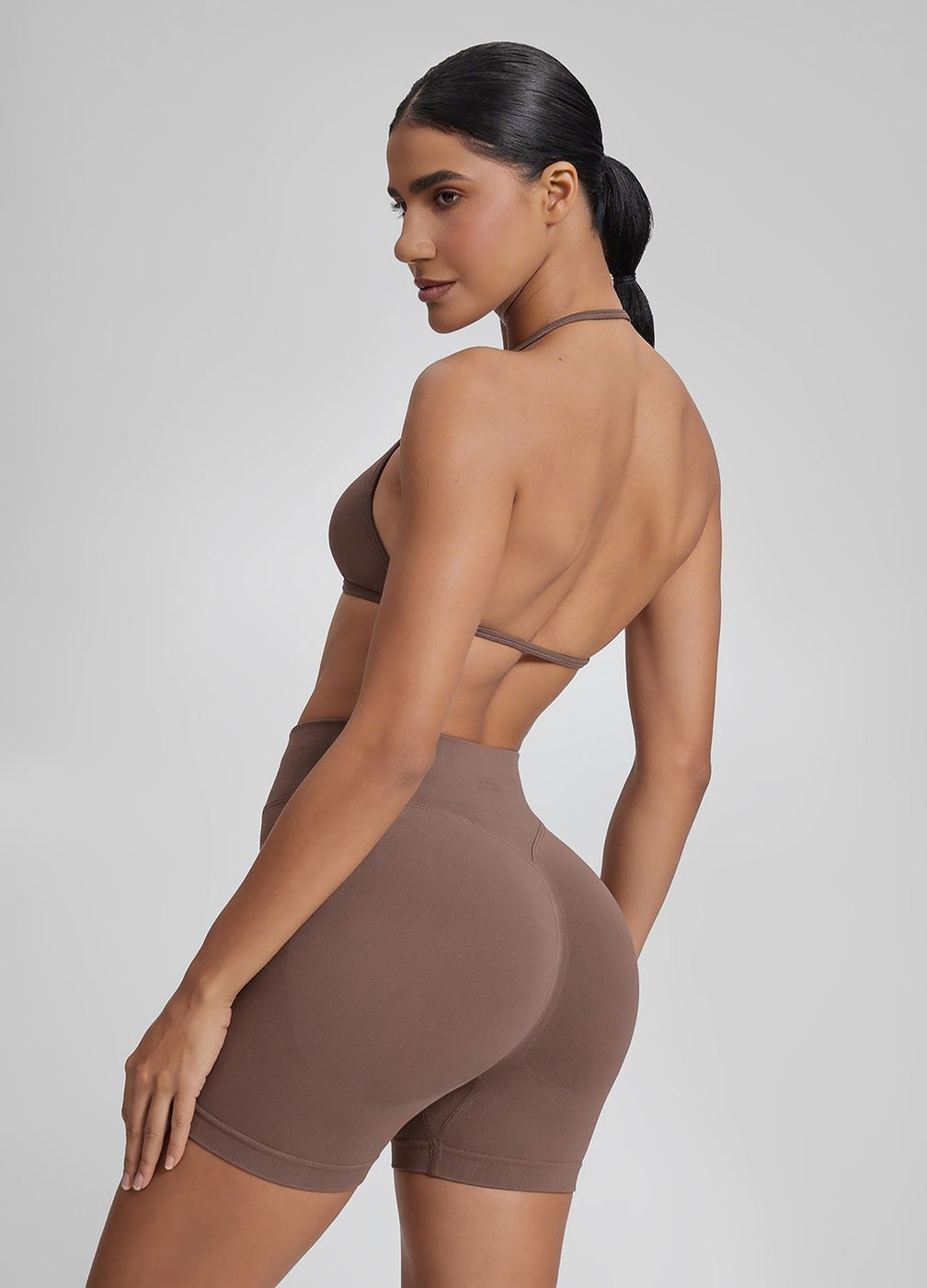 Halterneck Backless Strappy Functional in Dusty Taupe, detail