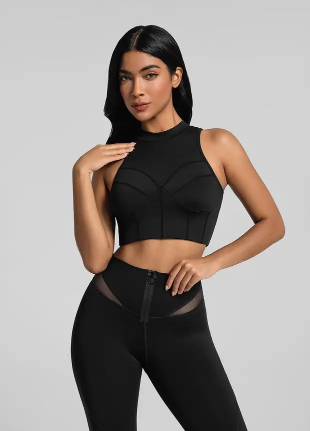 High-neck Crop Top in Black, front view