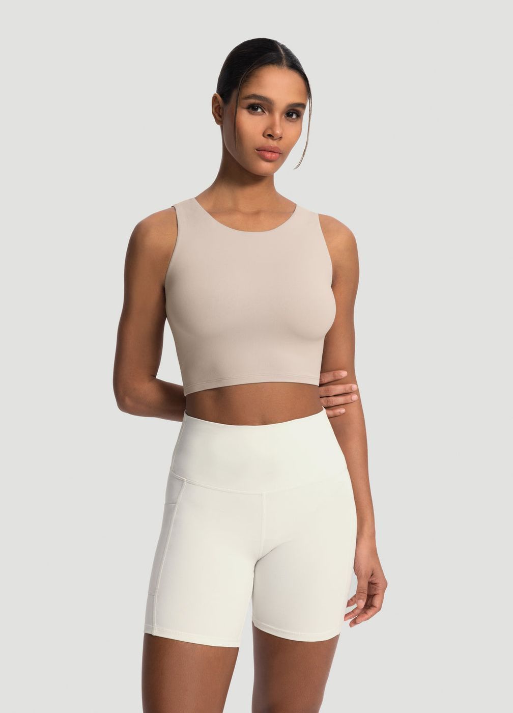 High Neck Cropped Tank Top in Oat Milk, front view