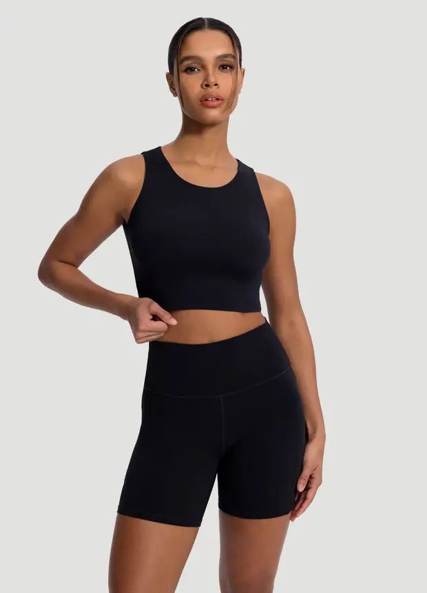 High Neck Cropped Tank Top in Black, front view