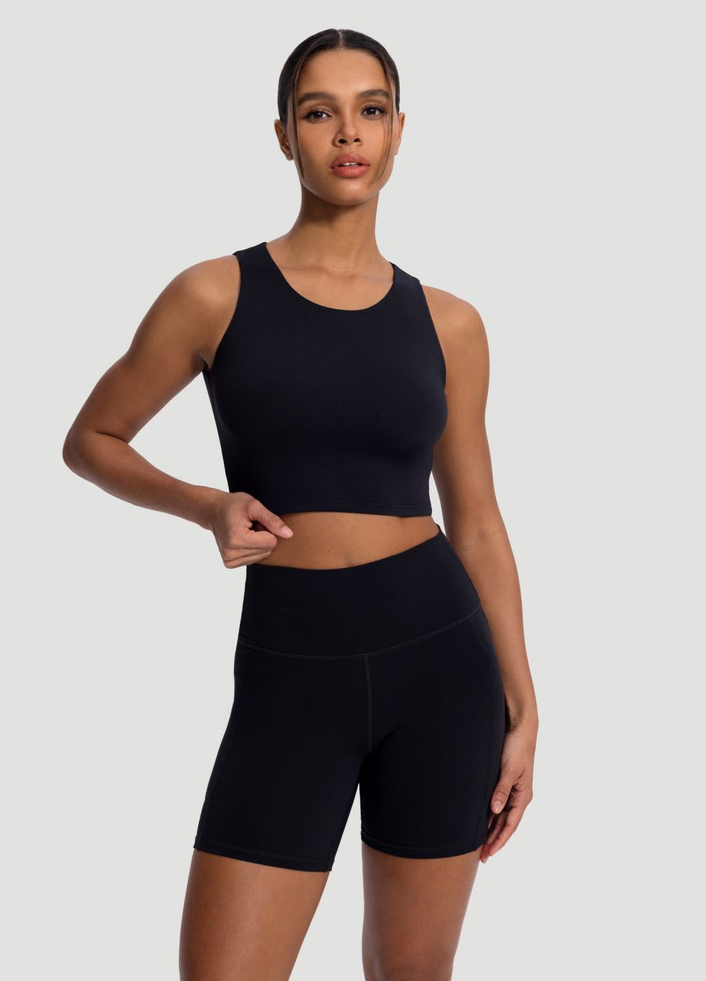 High Neck Cropped Tank Top in Black, front view