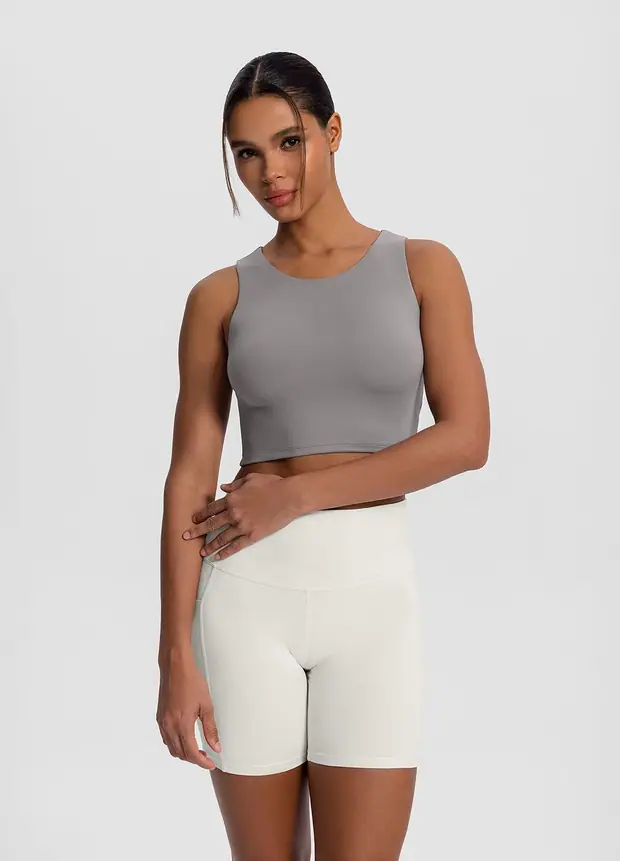 High Neck Cropped Tank Top in Cool Gray, front view