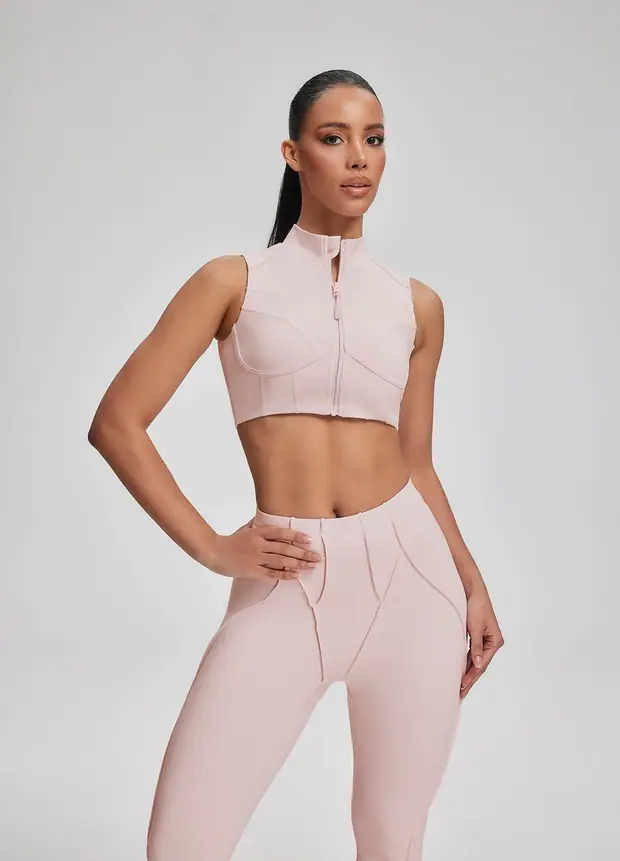 High-neck Zip-up Top in Ballet Pink, front view