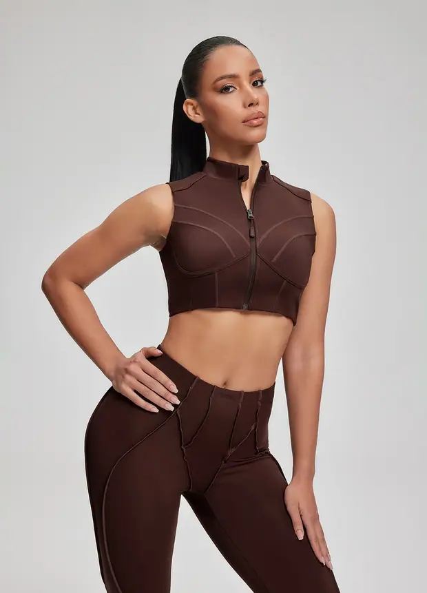 High-neck Zip-up Top in Chocolate, front view