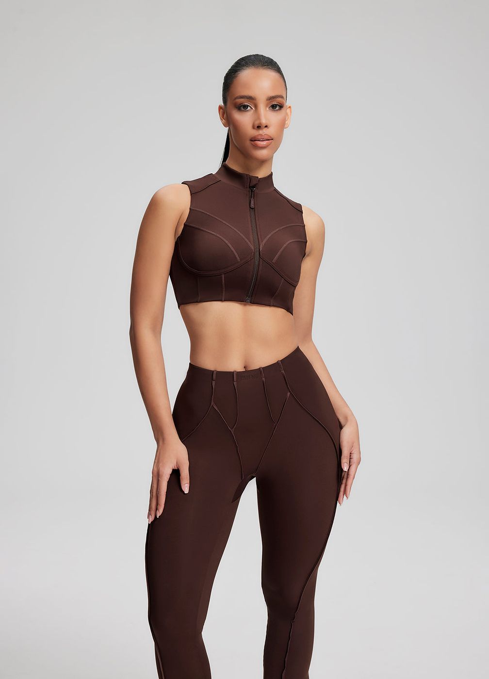High-neck Zip-up Top in Chocolate, detail