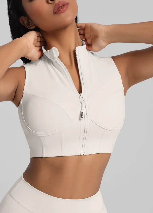 High-neck Zip-up Top in Ivory, front view