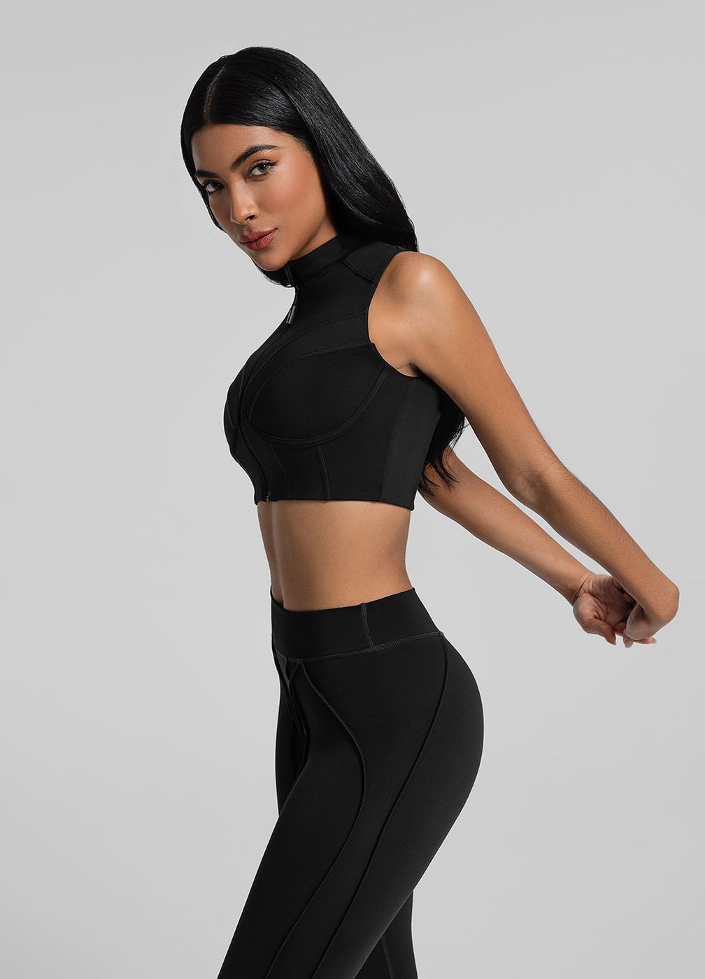 High-neck Zip-up Top in Black, detail