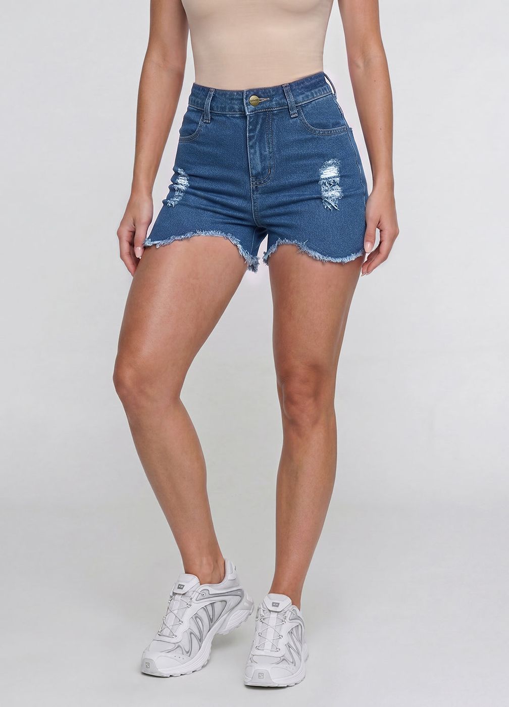 High Waist Denim Shorts in Deep Blue, detail