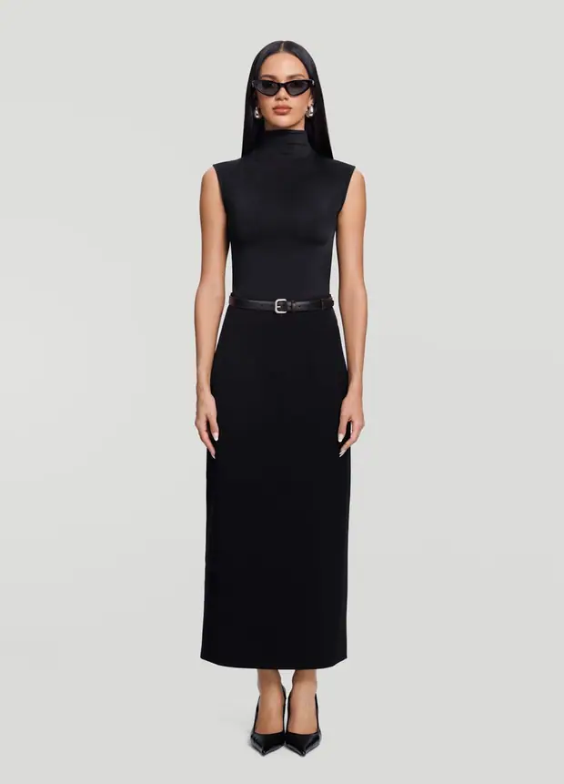 High-waist Pencil Midi Skirt in Black, front view