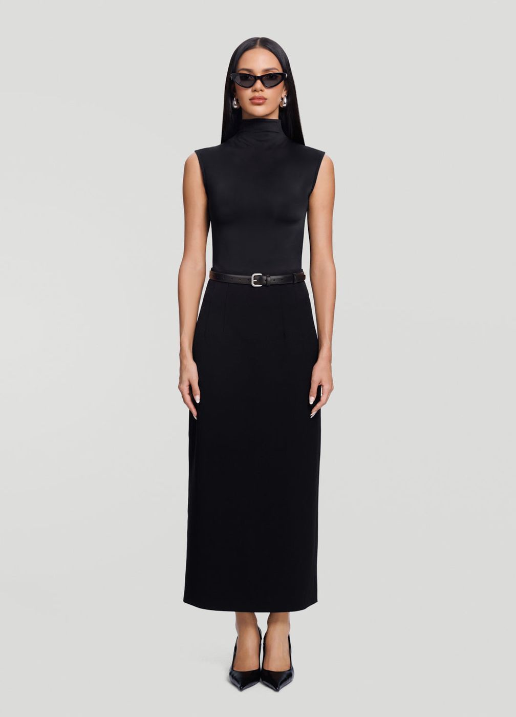High-waist Pencil Midi Skirt in Black, front view
