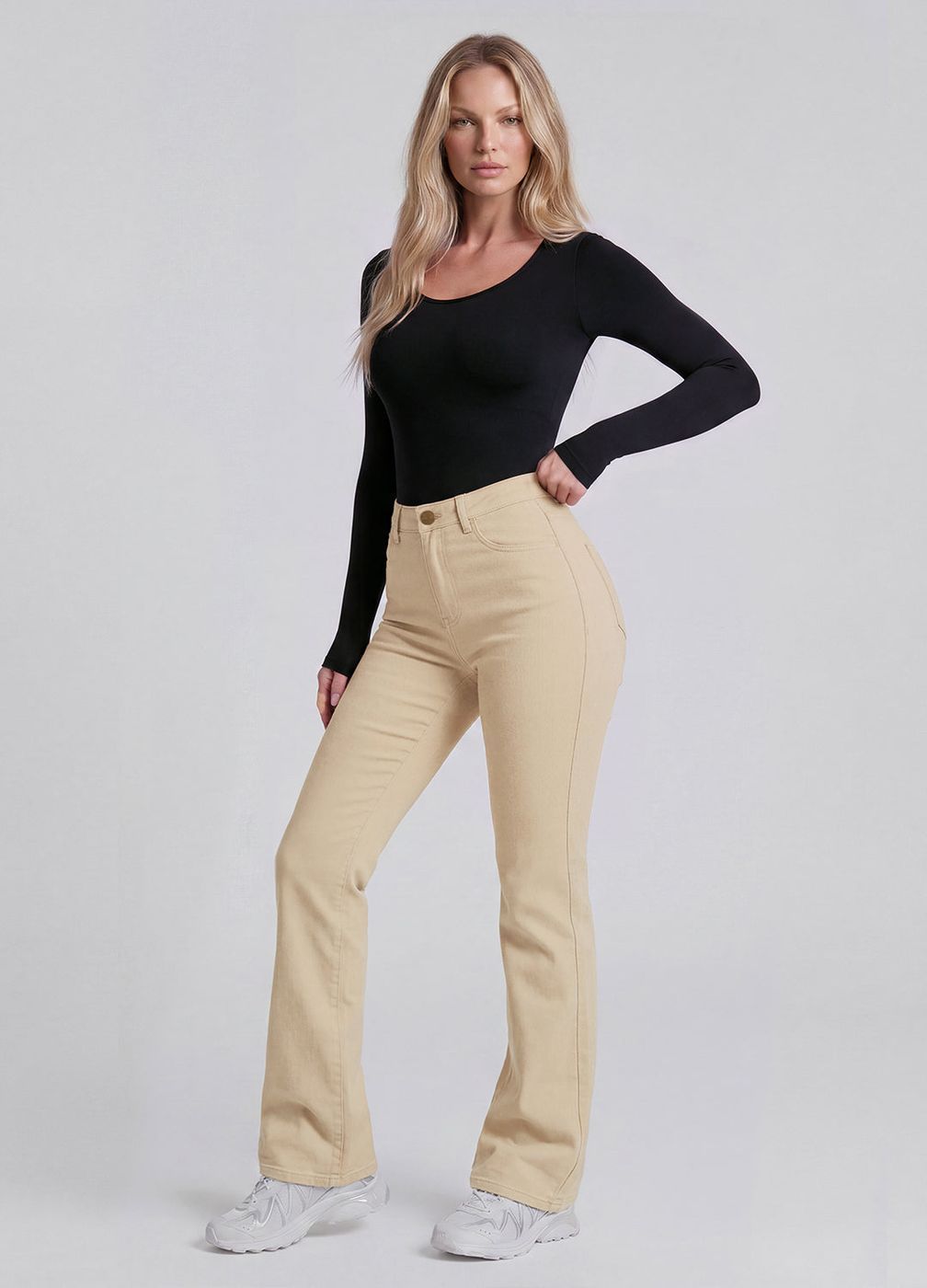 High Waisted Flare Jeans in Ivory, front view