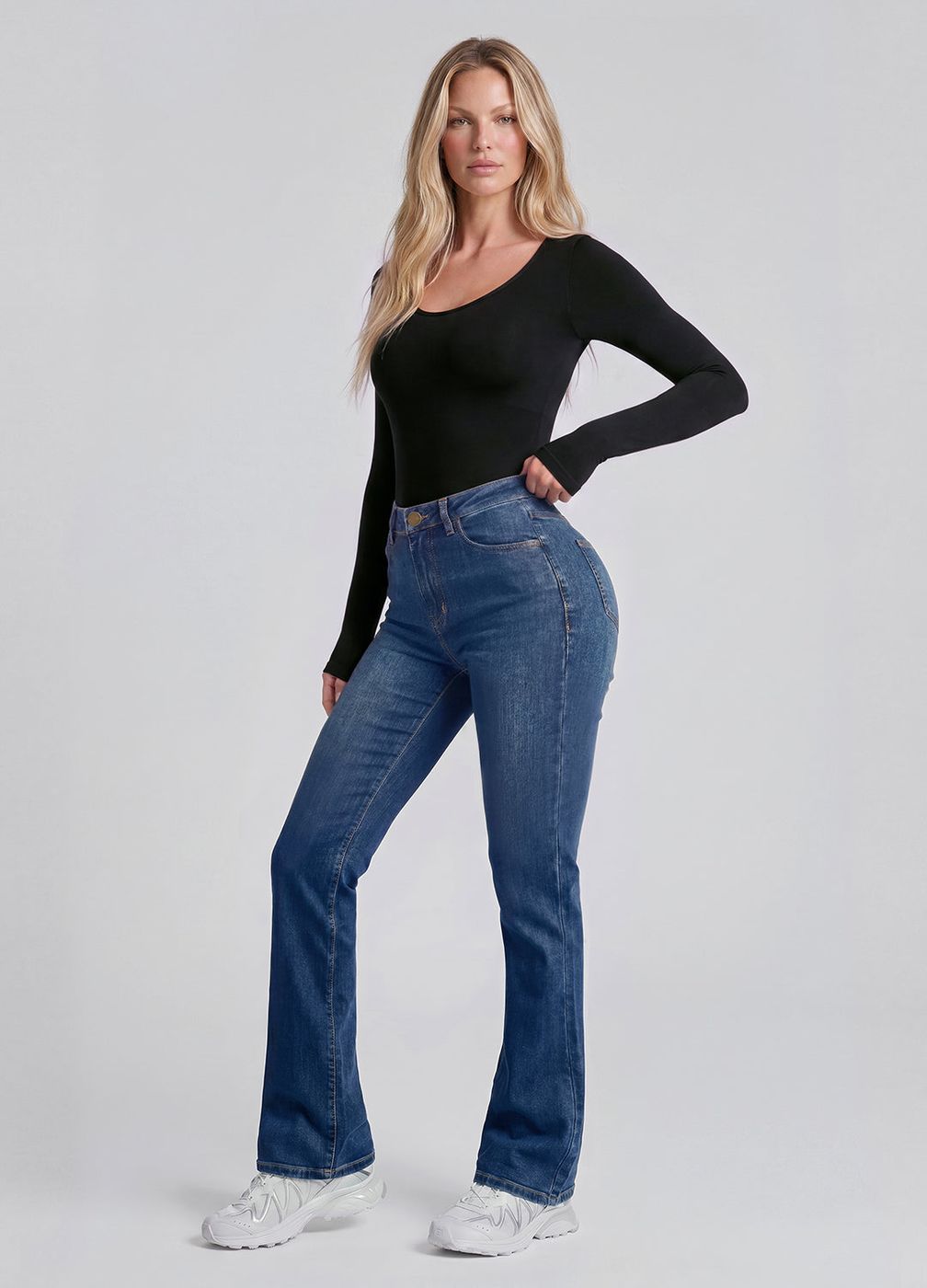High Waisted Flare Jeans in Deep Blue, front view