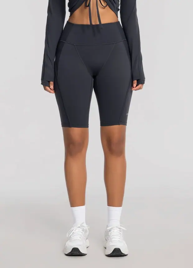 High-waisted Performance Biker Shorts in Charcoal, front view