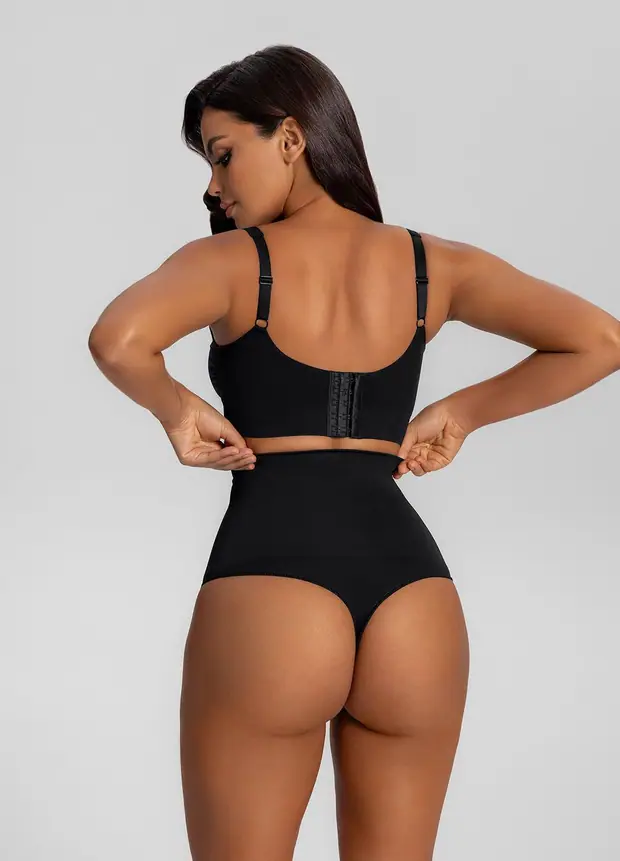 High-waisted Shaping Thong in Noir, front view